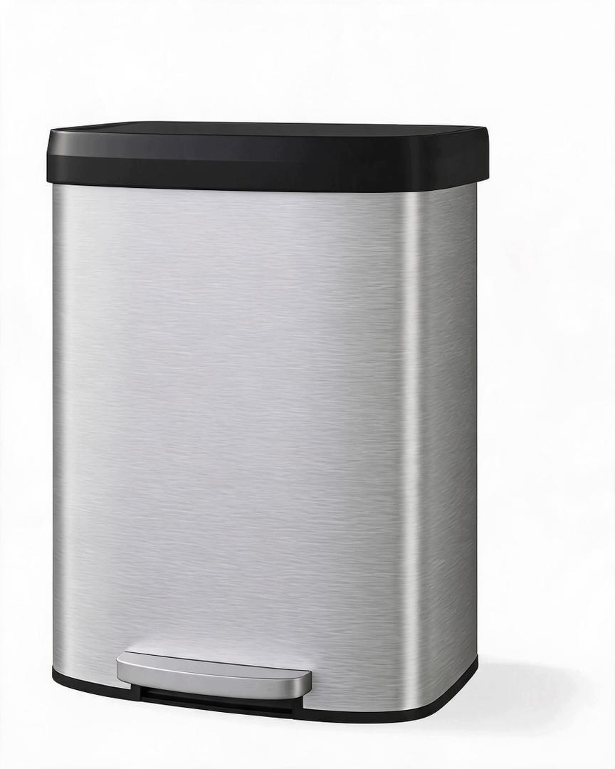 Garvee 16 gal / 60 L Stainless Steel Trash Can with Lid, Large Garbage Can for Kitchen, Rustproof Step-on Kitchen Metal Trash Bin with Liner Rim, Rear Handle, Soft Close Plastic Lid, Silver