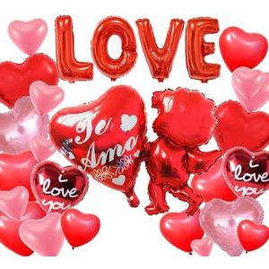 2 Pack of 27pcs Valentine's Day Balloons Love Theme Romantic Theme Party Balloons Te Amo Cupid Balloons Red Heart Balloons for Romantic Proposal Wedding Anniversary Party Decorations