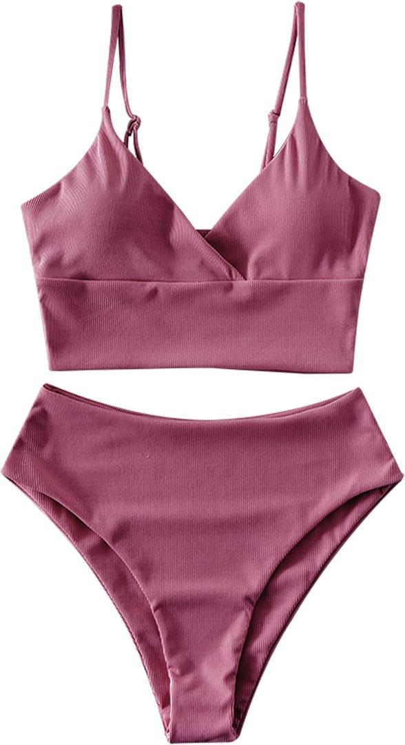 ZAFUL Women Tankini Set, Ribbed High Cut Surplice Swimsuit Bathing Suit with Spaghetti Straps (Small, 0-pale Violet Red-surplice)