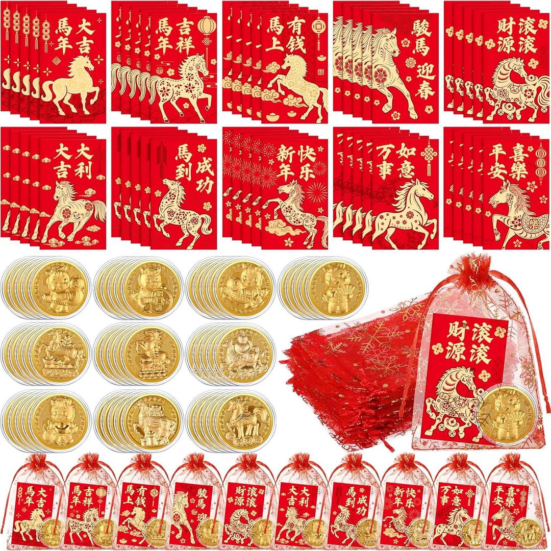 Junkin 50 Set Chinese New Year Gift Horse Lucky Coins Red Commemorative Cards 2026 Lunar New Year Gift Feng Shui Red Packet Lucky Contains Chinese Feng Shui Coins with Bag (Fresh Horse Style)