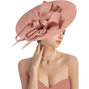 dressfan Church Fascinator Hats for Women,20s 50s Linen Vintage Hat for Derby/Church/Wedding/Cocktail/Tea Party (Pink)