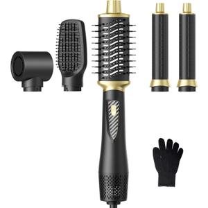 Atopskins 5 in 1 Blow Dryer Brush Set, 1000W Professional Hot Air Styler, Ionic Hair Dryer Brush, 3 Heat Settings, Auto Curling, Fast Drying, Ideal Hair Styling Tools Gift for Women (Black Gold)