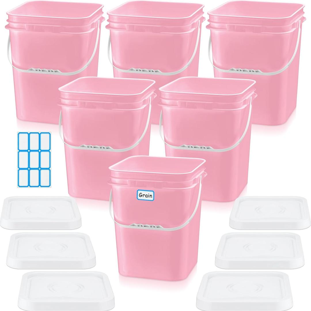 Vesici 6 Pcs 5 Gallon Square Bucket Pail with Plastic Handle and Lid Storage Food Container Industrial Pail with DIY Label Sticker for Multipurpose Paint Water Art Crafts Project(Pink)