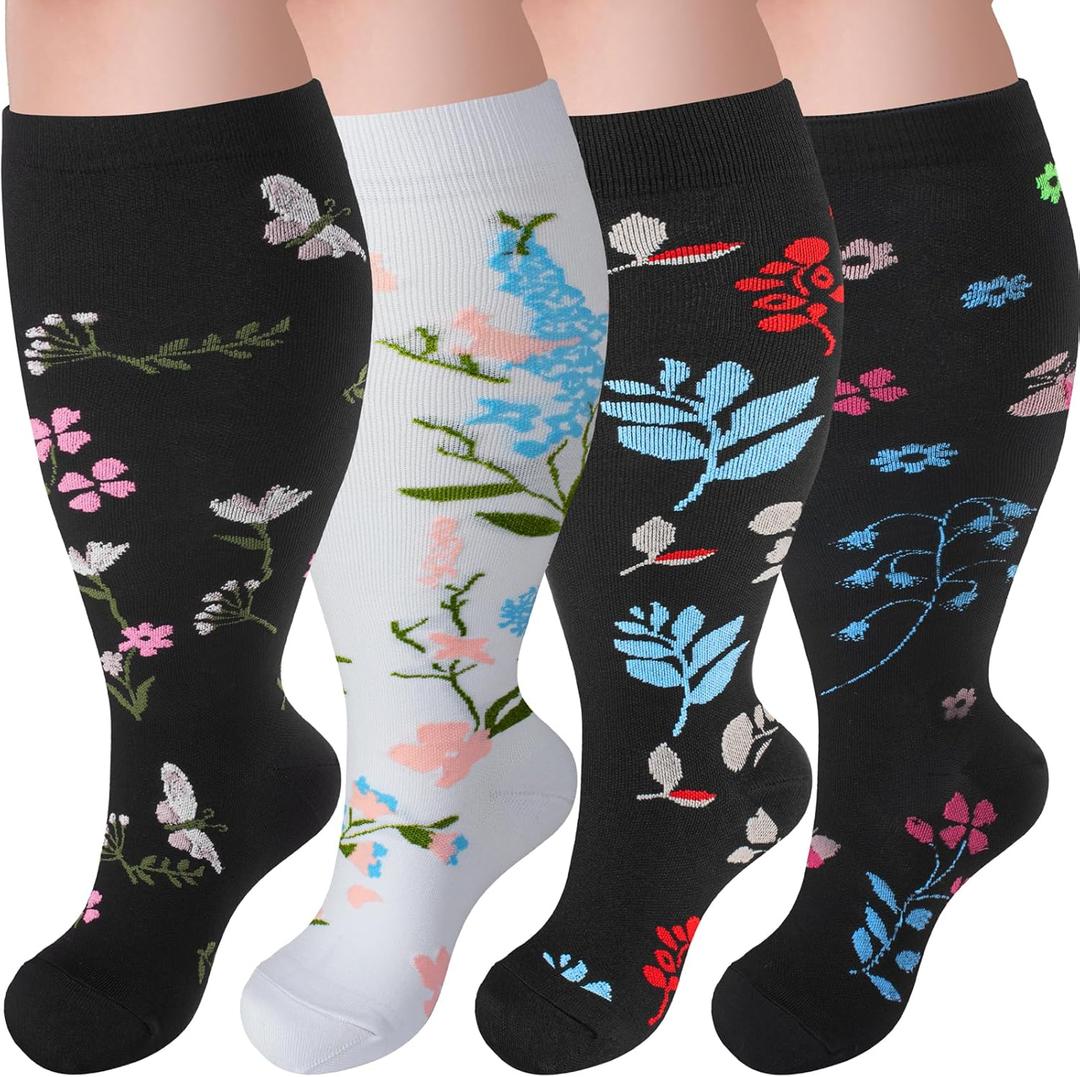 4 Pairs Plus Size Compression Socks,Extra Wide Calf 20-30 mmHg Knee High Compression Socks for Men Women Circulation (XX-Large)