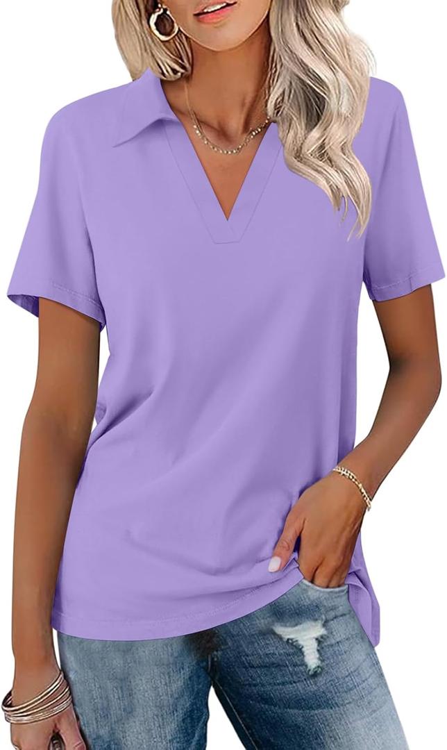 Women's Polo Shirts Short Sleeve V Neck Summer Tops Business Casual Collared Shirts Loose Tees (X-Large, Purple)