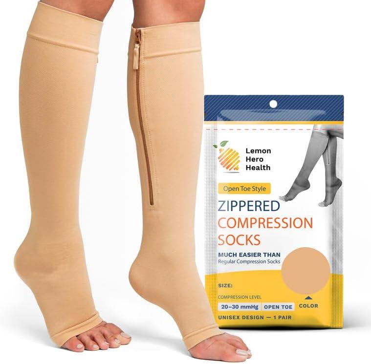 Zipper Compression Socks 20-30mmHg Open Toe with Zip Guard Skin Protection - Medical Zippered Compression Socks for Men & Women - 2XL, Beige
