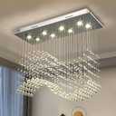 Siljoy 8-Light Modern Wave Raindrop Crystal Chandelier, Luxury Chrome Rectangular Flush Mount Crystal Pendant Ceiling Light for Dining Living Room Kitchen Island L31.5'' x W12'' x H28''