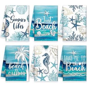 SmoothNovelty 6 Pcs Coastal Beach Kitchen Towels 21.3 x 14.2 Inch Ocean Dish Towels Summer Bathroom Hand Towel Absorbent Blue Tea Towel Summer Decorations for Home Bathroom Kitchen Accessories