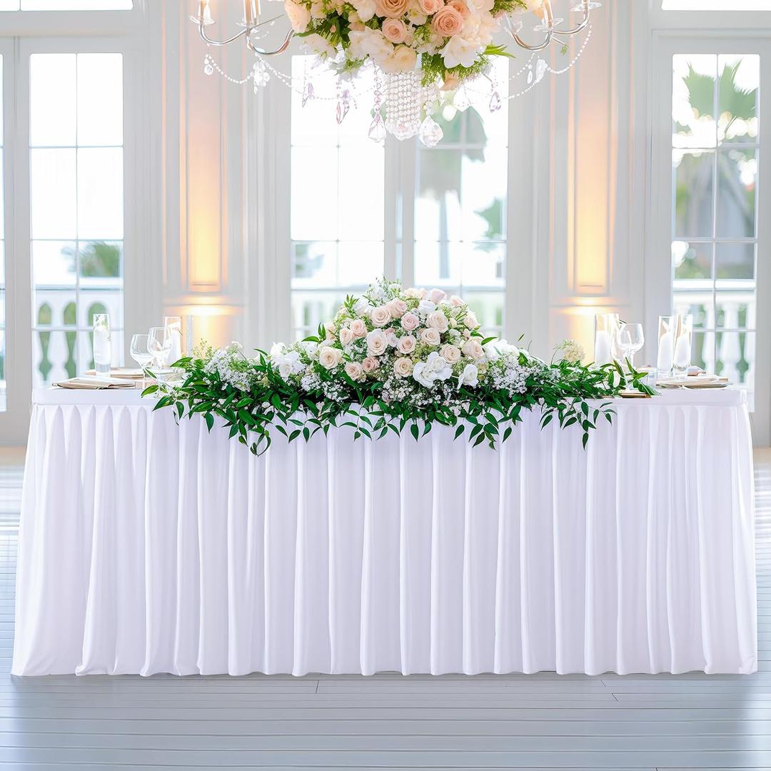 White Table Clothes for Rectangle Tables 6ft, Wrinkle Resistant Fitted Table Cloth with Pleated Ruffle Skirts for Banquet Wedding Baby Shower Folding Table