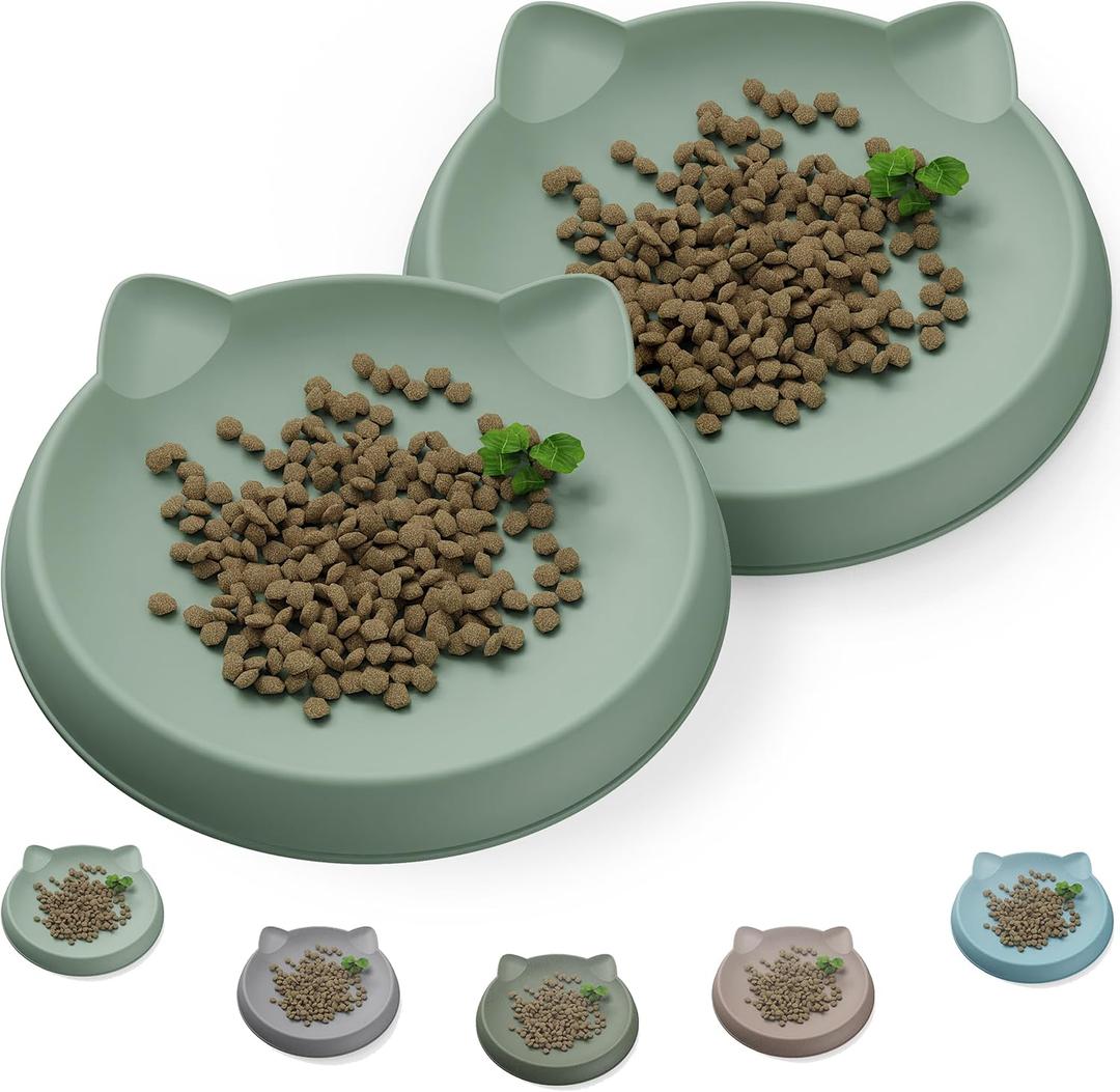 Cat Bowls for Indoor Gentle Small Kitten (2pcs, Soft Silicone) Shallow Wide Plates Feeder Whisker Fatigue Relief Cute Pet Kitty Food Water Dishes Set Anti Slip, Dishwasher Safe (2x6inch, Sage Green)