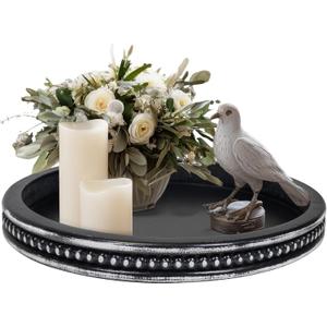 Round Candle Tray Holder, Decorative Tray Wood Tealight Pillar Plate, Small Rustic Candle Holder Farmhouse Tray Table Centerpiece for Christmas Wedding Halloween Home Decor(Black)