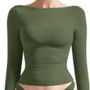 SUUKSESS Women Crew Neck Long Sleeve T Shirts Double Lined Tight Fitted Crop Top (Small, Army Green)