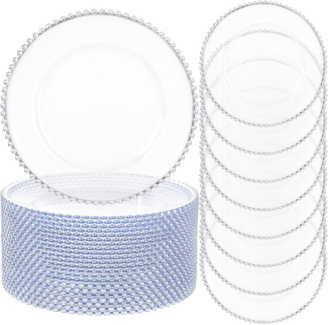 Ejonirinjonir 20pcs Clear and Silver Charger Plates 13inch Plastic Charger Plates Plastic Round Dinner Plate with Beaded Rim for Home Birthday Wedding Party Events Table Decor