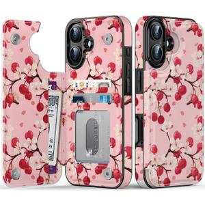 FUNMIKO for iPhone 16 Wallet Case with Card Holder, RFID-Blocking, Military-Grade Protection & UV-Printed Artwork, Magnetic Closure with Leather Kickstand - Cherry Blossom