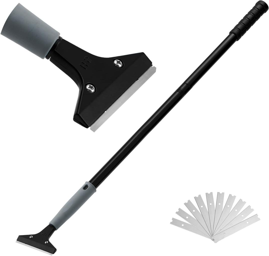 Heavy Duty 4-inch Razor Blade Floor Scraper, 45 Inch Long-Handle, Cleaning Glass Wall Scraper, with 10 Blades, Painting stripping tools, Tile, Floors, Walls