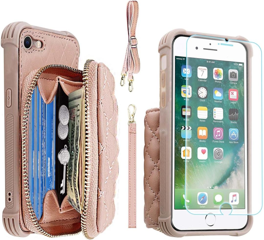 MONASAY Zipper Wallet Case Fit for iPhone SE 2022/2020/8/7, [Glass Screen Protector ][RFID Blocking] Flip Leather Handbag Phone Cover with Card Holder & Crossbody Lanyard Strap, Rosegold