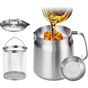 119oz 304 Stainless Steel Deep Fryer Pot with Basket & Strainer, Large Capacity Bacon Grease Container for Kitchen, Frying, Cooking, Camping, Oil Filter Container - Dishwasher Safe (119oz/3.5L/3.7Qt)