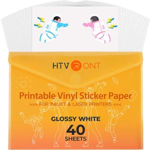 HTVRONT Printable Vinyl for Inkjet Printer & Laser Printer - 40 Pcs Glossy White Waterproof Printable Vinyl Sticker Paper, 8.5"x11"