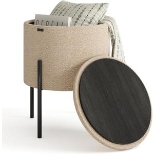 Round Ottoman with Storage, Boucle Storage Foot Stool, Makeup Vanity Stool, Small Ottoman Foot Rest, Modern Ottomans for Living Room and Bedroom, Beige