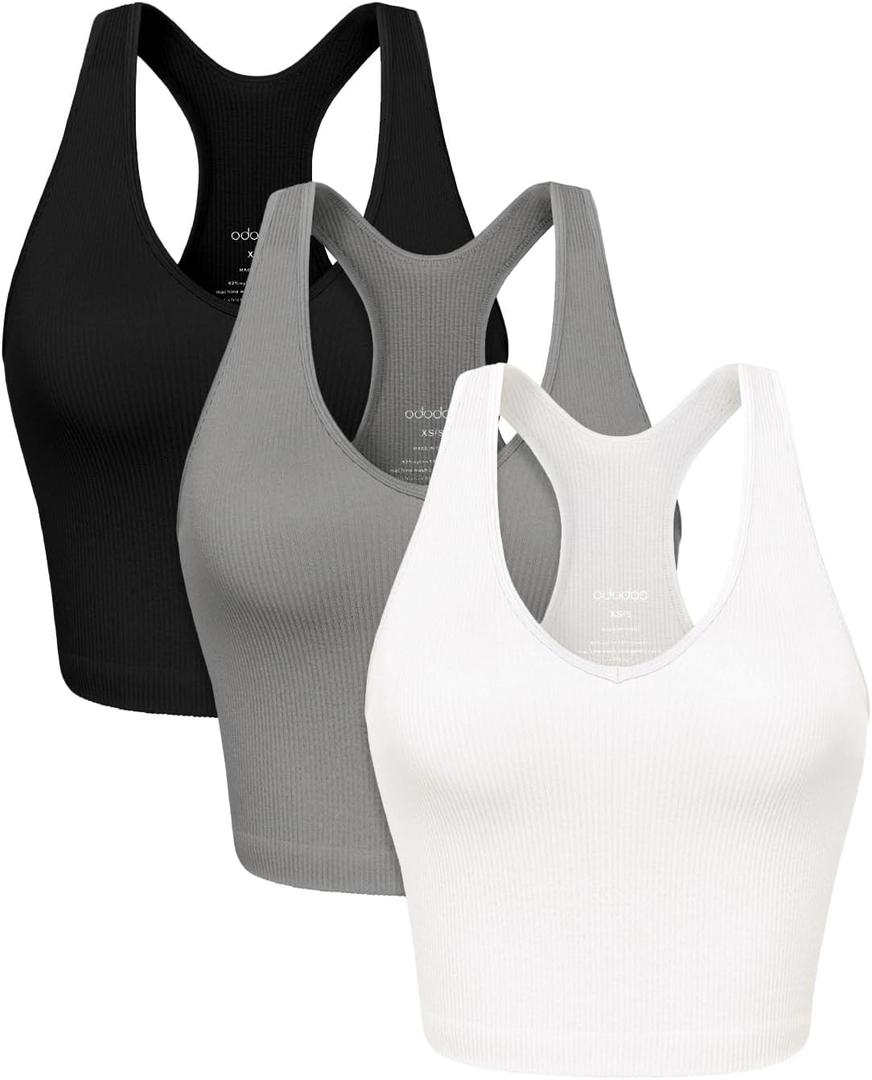 ODODOS 3-Pack Seamless Racerback Tank for Women Ribbed Knit Soft Sleeveless Tank Tops, Waist Length, White+Gray+Black, X-Small/Small