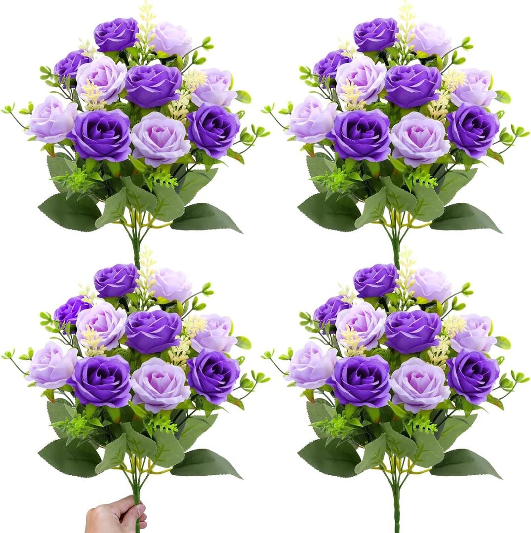 TURNMEON 40 Heads Fake Roses Artificial Flowers for Outdoors Summer Decor, 4 Bouquets UV Resistant Fake Flower Bouquet Faux Silk Roses for Wedding Birthday Party Home Mother's Day Cemetery Decor(Purple)