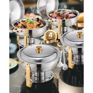 VEVOR Chafing Dish Buffet Set, 5 Qt 4 Pack,Stainless Steel Chafer with 4 Full Size Pans, Round Catering Warmer Server with Lid Water Pan Folding Stand Clip, for Weddings Parties, Gold