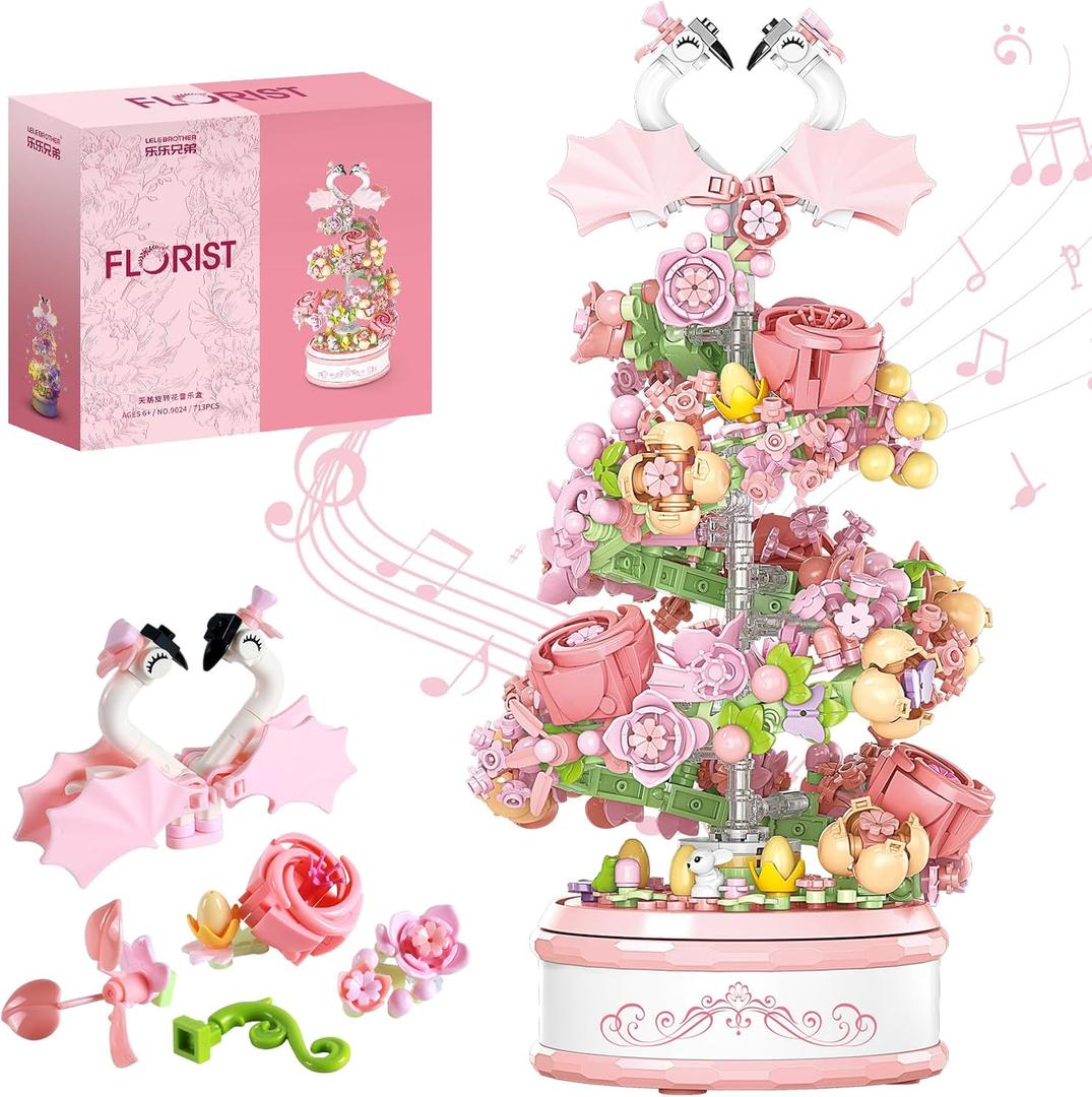 Flowers Music Box Building Block Kit with Light-713PCS Decoration Rotating Music Box Building Set,Botanical Collection Mother's Day, Valentine and Birthday Gifts for Girls Boys Adults Kids Ages 6+