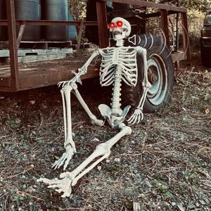 Halloween Skeleton Decorations - 5.5FT Life Size Skeleton Decoration Realistic Pose-n-Stay Human Skeleton with LED Glowing Eyes - Sound Sensor Hanging Props Creepy Sound for Halloween Decorations