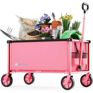 29.3" Collapsible Wagon Cart, 150L Heavy Duty Folding Utility Wagon with Wheels, 260 lbs Load, Portable Rolling Cart for Garden, Shopping, Sports, Camping, Pink