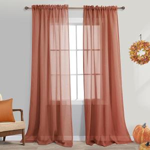 Terracotta Linen Curtains 33x70 inches Long 3 Panel Set Back Tab Rod Pocket Rustic Farmhouse Boho Curtains for Living Room Semi Sheer Brick Burnt Orange Bohemian Fall Decor for Dining Room Rust
