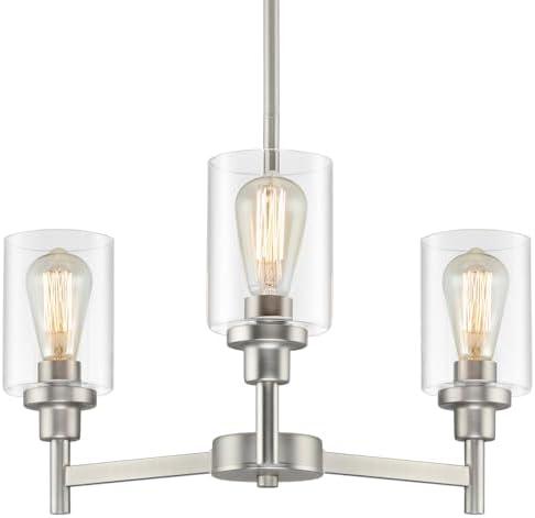 LIGHTDAMY 3 Lights Brushed Nickel Chandeliers for Dining Room Light Fixture Over Table, Entryway Chandelier for Foyer, Hallway Lighting Fixtures with Glass Shade for Kitchen Island Foyer Hallway