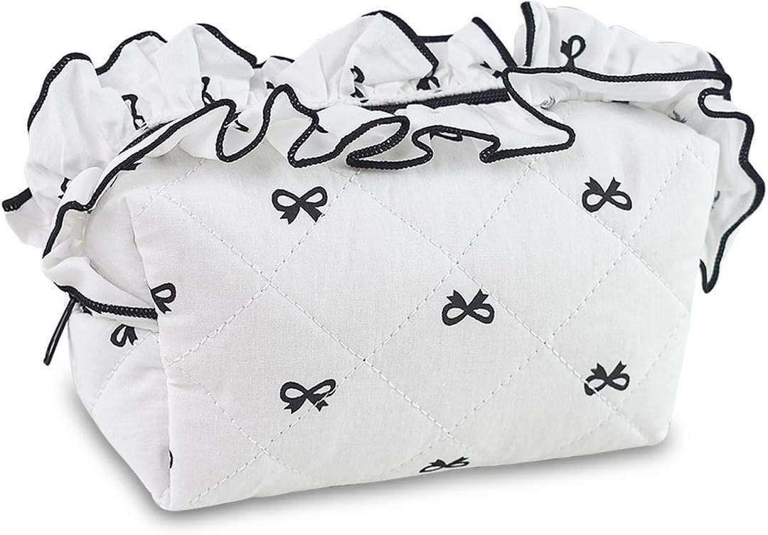 Quilted Makeup Bag Aesthetic Bow Cosmetics Bag Cute Coquette Makeup pouch Traval Toiletry Bag for Women Girls