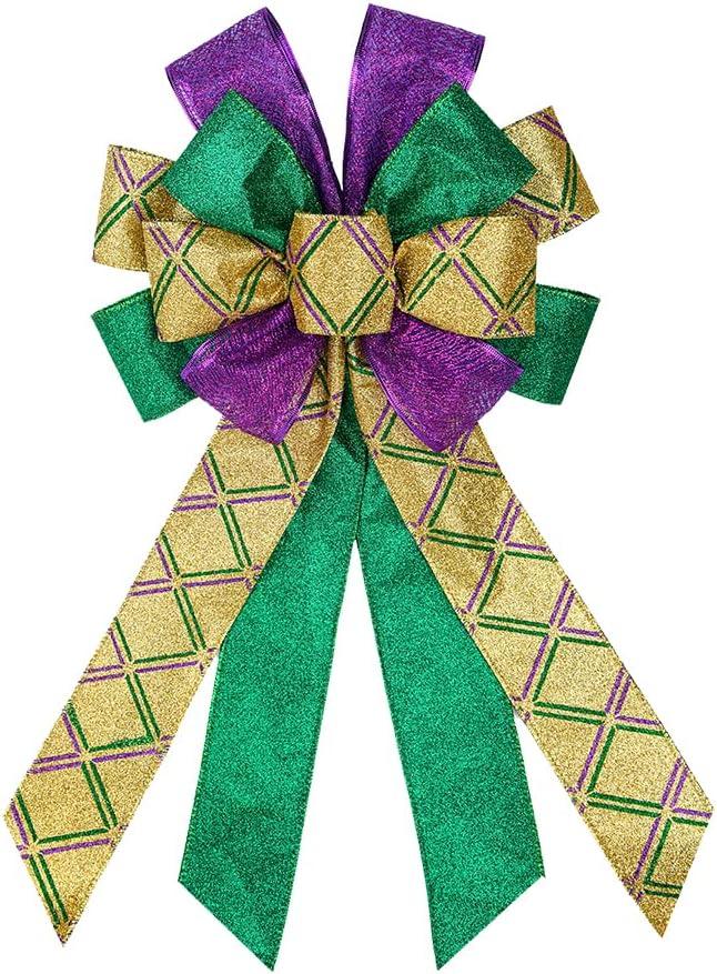 Purple Green Glitter Plaid Mardi Gras Bows for Wreaths - Large Mardi Gras Decor for Home Garden Indoor Outdoor Decoration