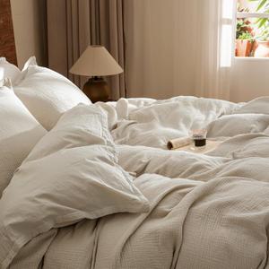 PHF 100% Cotton Muslin Duvet Cover King Size, 3-Layer Guaze Ultra Soft Breathable Textured Linen Like, 3pcs Bedding Comforter Cover Set for All Season, Duvet Set with 2 Pillow Shams, 104"x90", Natural