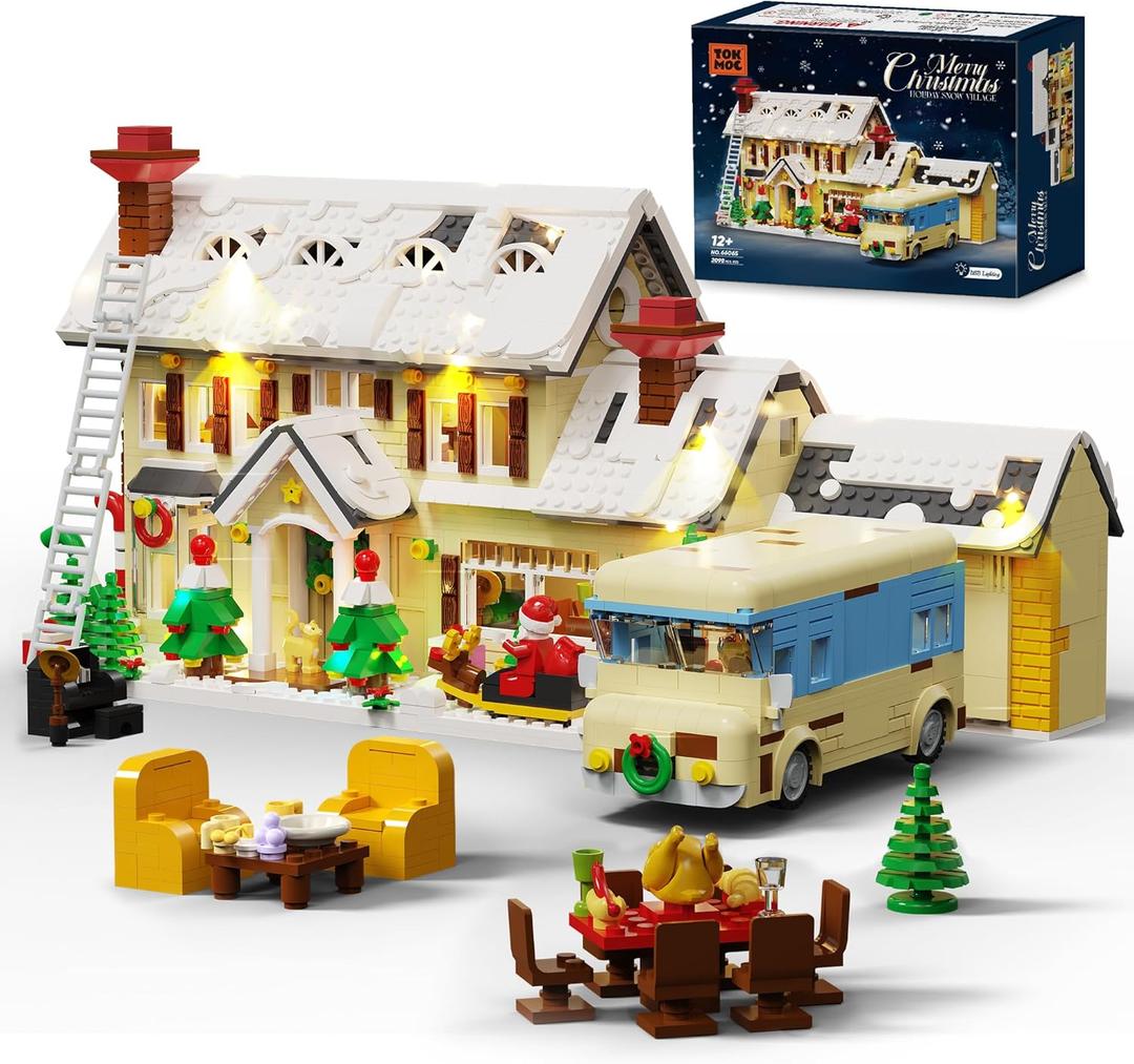 Christmas House Village Building Blocks Set with Light, Snow Cabin and Camper Holiday Scene Model Kit, Winter Vacation Building Toy Gift for Adults, 2098pcs