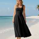 Kaximil Women's Square Neck Sleeveless A Line Maxi Dress Smocked Ruffle Flowy Casual Long Dresses (Small, Black)