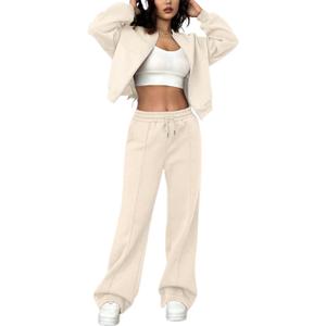 LovelyWholesale Women Sweatsuits 2 Piece Set Zip Up Sweatshirt and Wild Leg Sweatpants Set (Medium, Apricot)