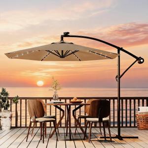 Garvee 10FT Solar Lights Offset Patio Umbrella with Cross Base, Tan