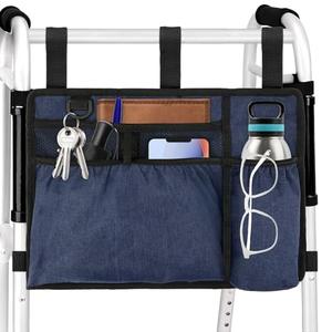 Walker Bag Basket with Cup Holder for Folding Walker Accessories for Seniors Elderly, Handicap, Foldable & Water Resistant Walker Storage Bags with Big Capacity - Dark Blue