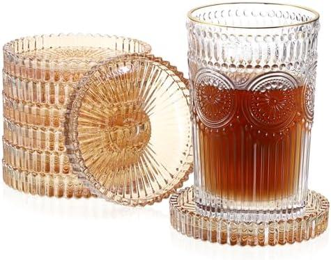 JUXYES 8 Pack Amber Tone Crystal Coasters Round Cup Mat, Glass Coasters for Drinks Coffee Tea Wine, Decorative Wine Bottle Coaster, Crystal Drink Coasters for Restaurant bar Kitchen Dining Table