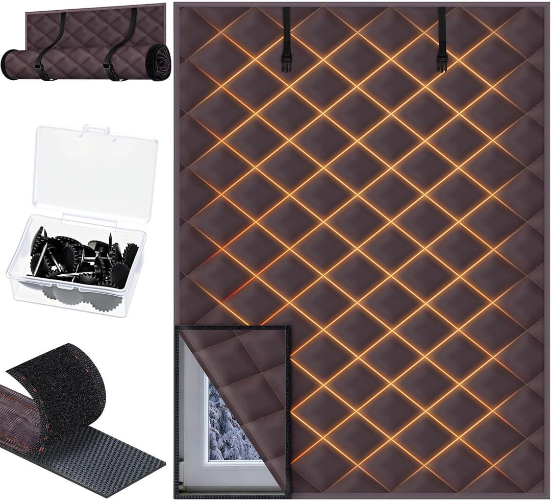 2 Pcs 63 x 39 Inches Window Insulation Curtain Kit Winter Thermal Window Cover with Fastener Oxford Cloth 2 Layer Thick Cotton Filled Loop Strips Insulation Kit for Keeping Warm (Brown)