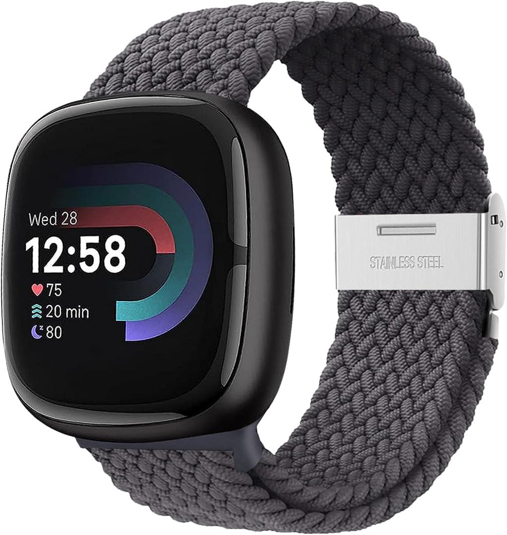 Yeahxing Braided Bands for Fitbit Versa4 - Compatble with Fitbit Versa 4/Versa 3/Sense 2/Sense1, Stretchy Braided Nylon Wristband, Secured Metal Clasp Sport Strap for Women Men, Durable, Breathable