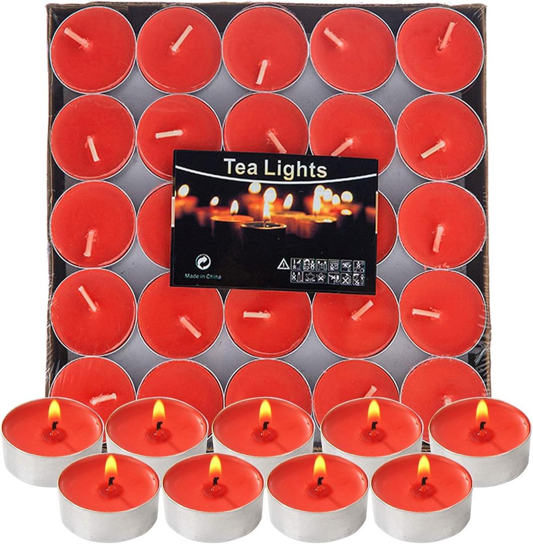 Visen 50Pack Tealight Candles, Unscented, Smokeless, Dripless, 4 Hours Burn Time, Perfect for Home, Romantic Decor, Pool, Shabbat, Weddings & Emergencies (Red)