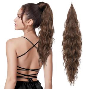 Flufymooz Ponytail Extension, Flexible Wrap Around Ponytail Extension Long Wavy Curly Hair Extensions Natural Synthetic Hairpiece for Women 32 Inch (Chocolate Reddish Brown)