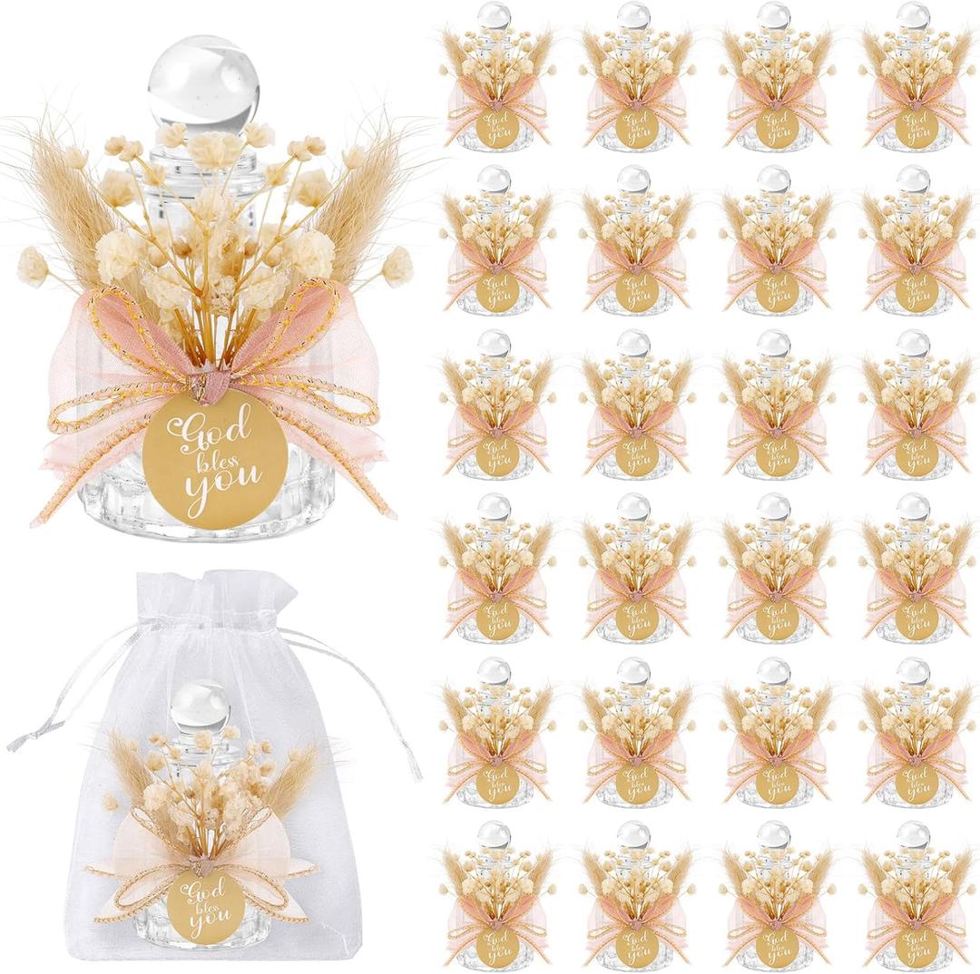 24 Set Holy Water Bottles Catholic Bulk Glass Baptism Favors for Guests Christian Water Container with Floral Organza Bags Bow for Holy Communion Gifts Church Wedding Baptism Decor (Pink, 24)