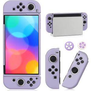 Switch OLED Case for Nintendo Switch OLED Model, Dockable Cover Soft TPU Protector Case for Switch OLED Grips & Console and Accessories with 2 Pcs Thumb Caps, Purple