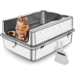 Extra Large Stainless Steel Litter Box, XXXL 27.5" L x 19.7" W x 11.8" H Semi Enclosed Removable Metal Cat Litter Box with High Sided Enclosure, Scoop, Anti-Leakage, Non-Sticky, Easy Cleaning