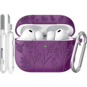 for Airpods Pro 3 Case, Flower Engraved Cases for Apple AirPods Pro 3rd Generation 2025, Soft Silicone Cover for Men Women Girly with Cleaning Kit & Keychain, Anti-Scratch, Shockproof (B-Deep Purple)