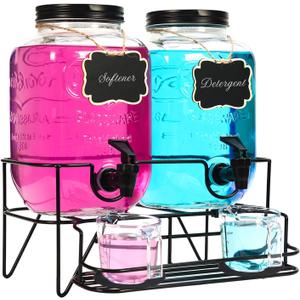 Roetell 2 Sets 1 Gallon Laundry Detergent Dispenser with Stand, Measuring Cup, Glass Laundry Detergent Containr for Laundry Room Organization (Black)