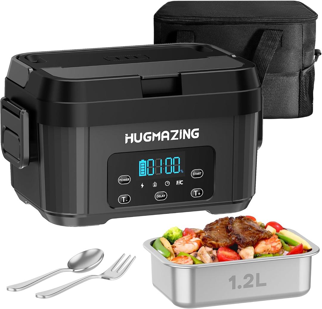 Hugmazing Cordless Electric Lunch Box for Adults, Men & Women Rechargeable Self-Heating Food Warmer with 1.2L SS Container, Battery-Powered Heated Lunch Box, Perfect for Work and Travel Use (Grey)